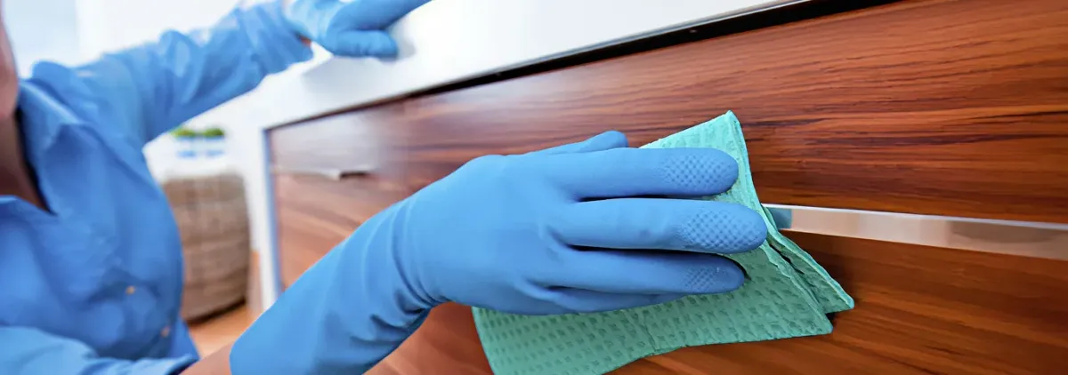 Cleaner wearing blue gloves wiping a wooden cabinet drawer with a microfiber cloth for dust and grime removal, Albany, NY.