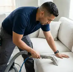 Professional upholstery cleaning technician using an extraction wand to deep-clean a fabric sofa, Albany, NY.